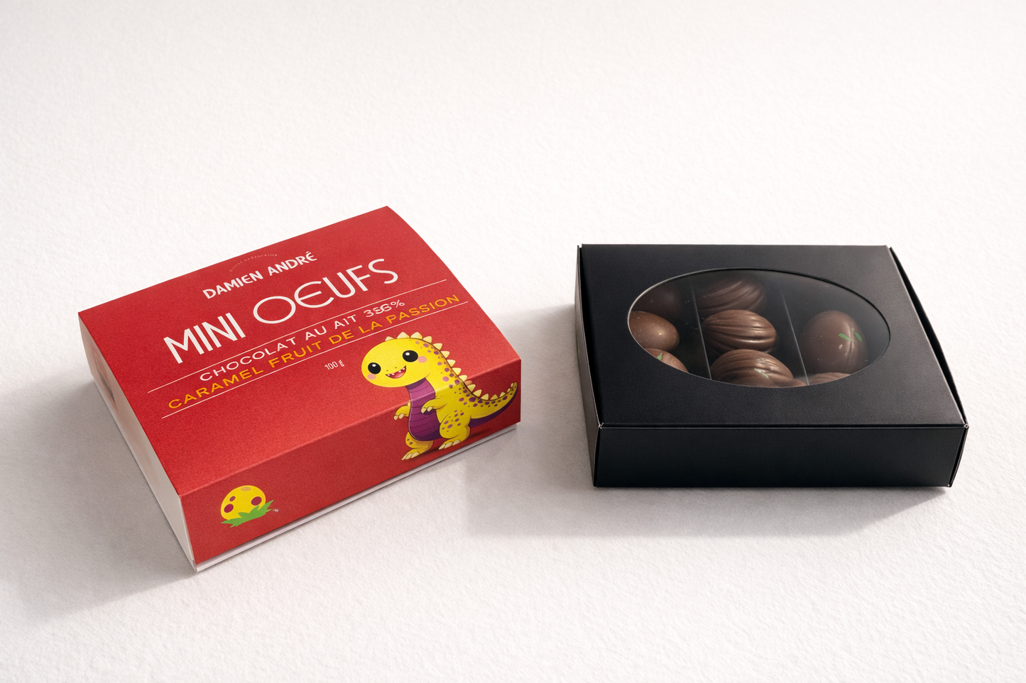 Mini handcrafted eggs made with 38% milk chocolate and passion fruit caramel