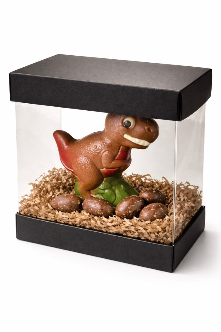 T-Rex en chocolat au lait et mini-œufs garnis