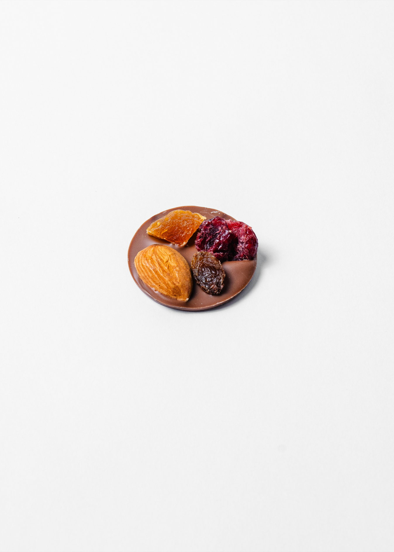 milk chocolate medallion topped with crunchy nuts and dried fruits.