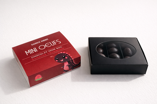 Mini œufs artisanaux chocolat noir 64 % et ganache framboise